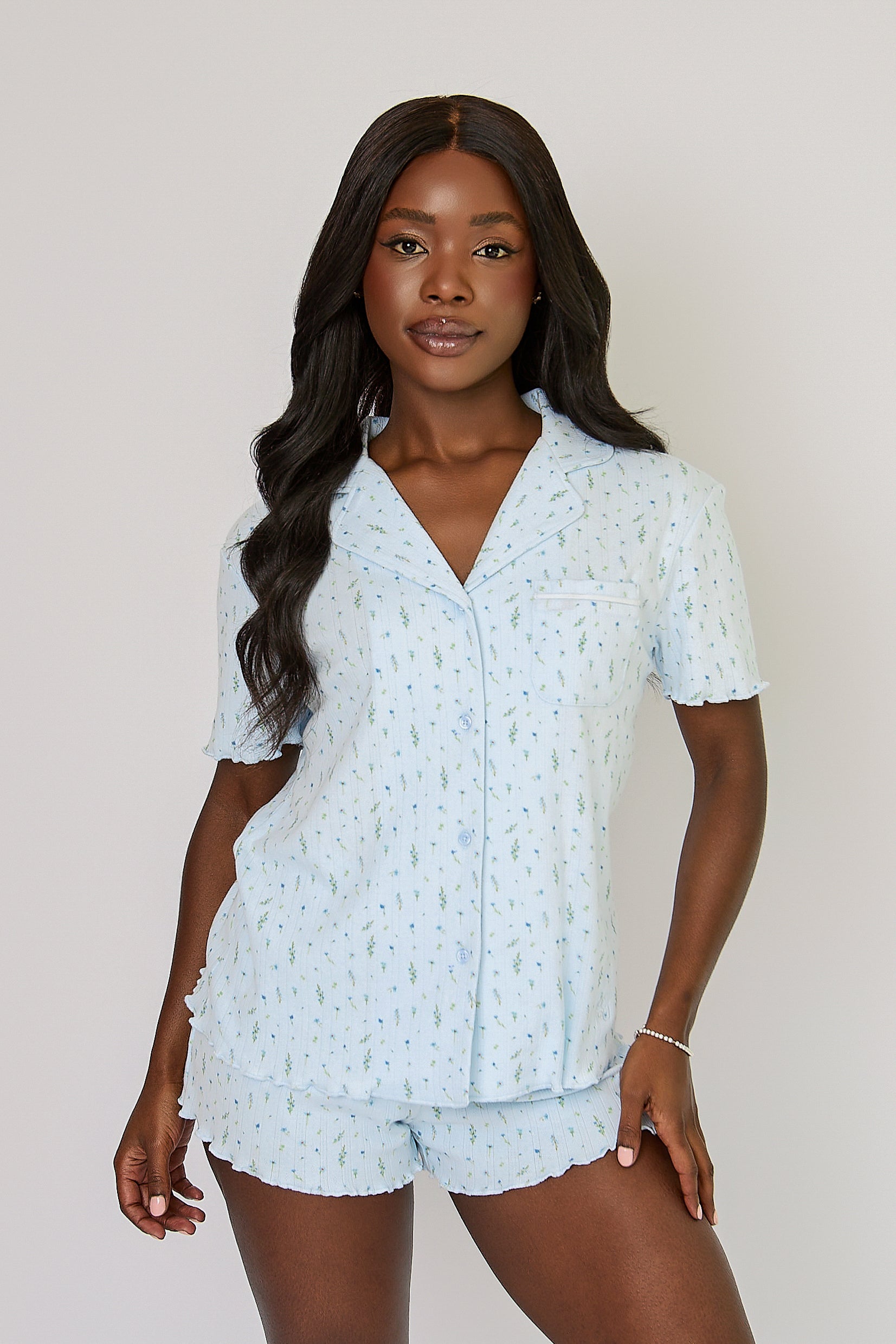 Lettuce Hem Pyjama Shirt in Blue