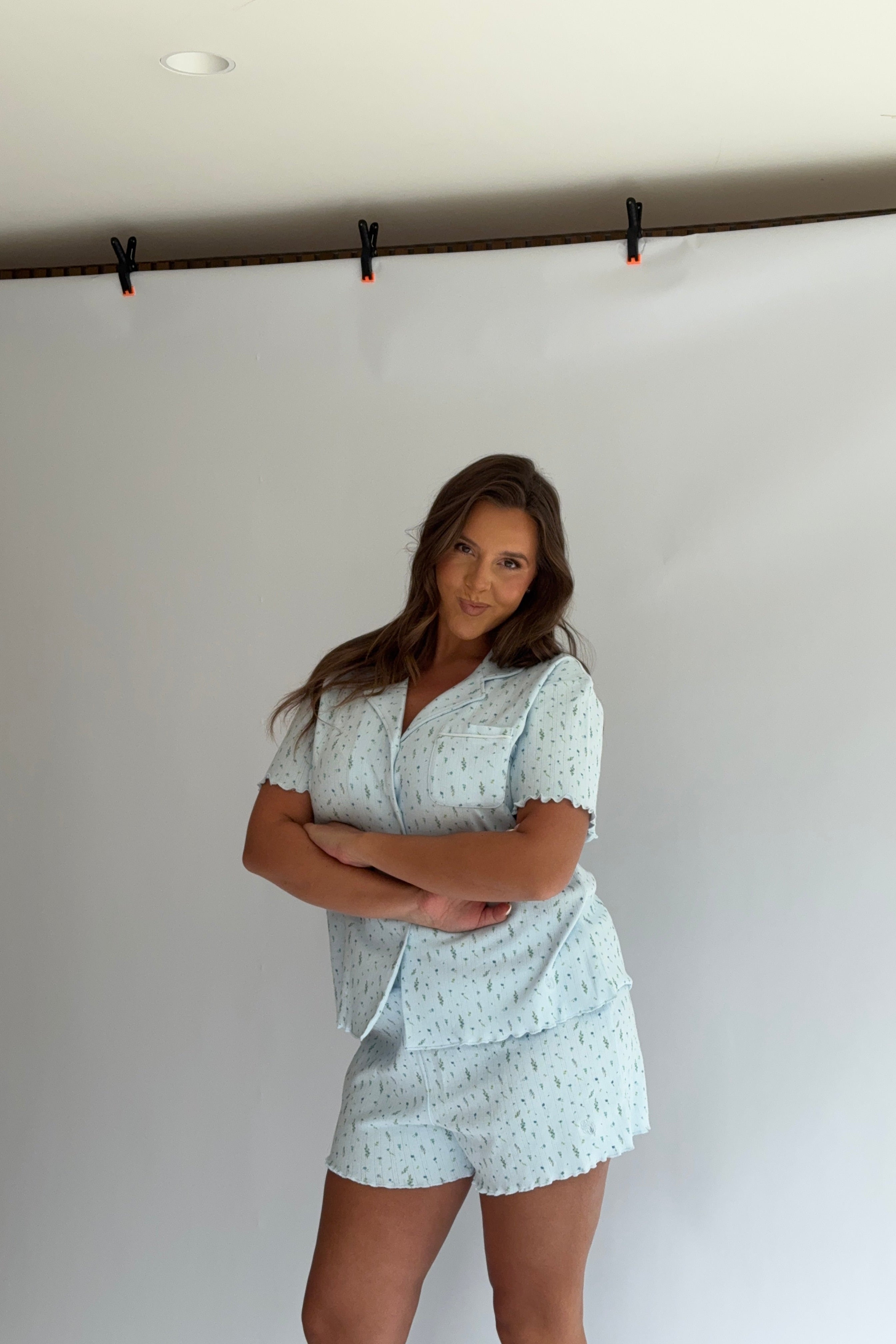 Lettuce Hem Pyjama Shorts in Blue