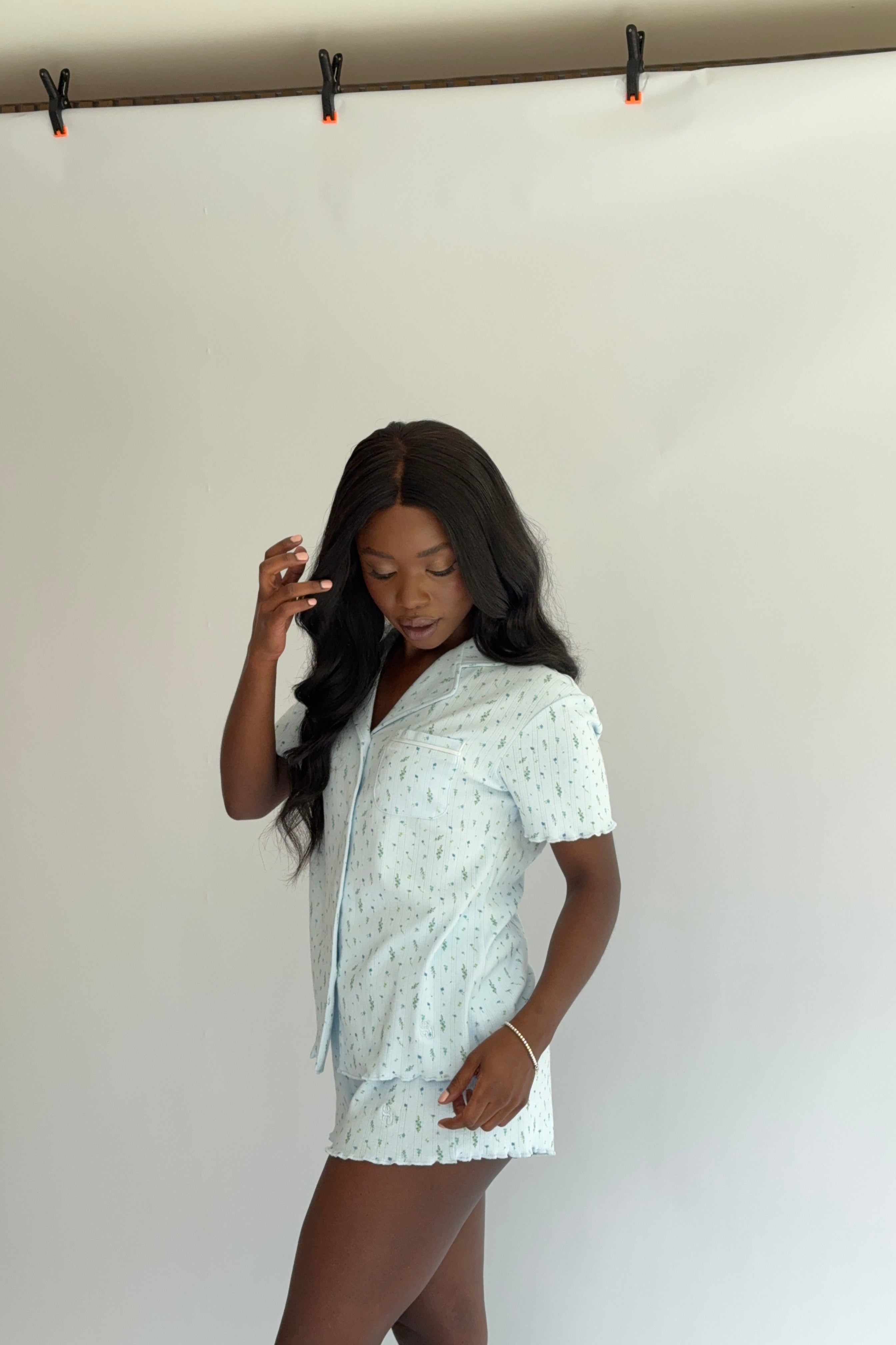 Lettuce Hem Pyjama Shorts in Blue