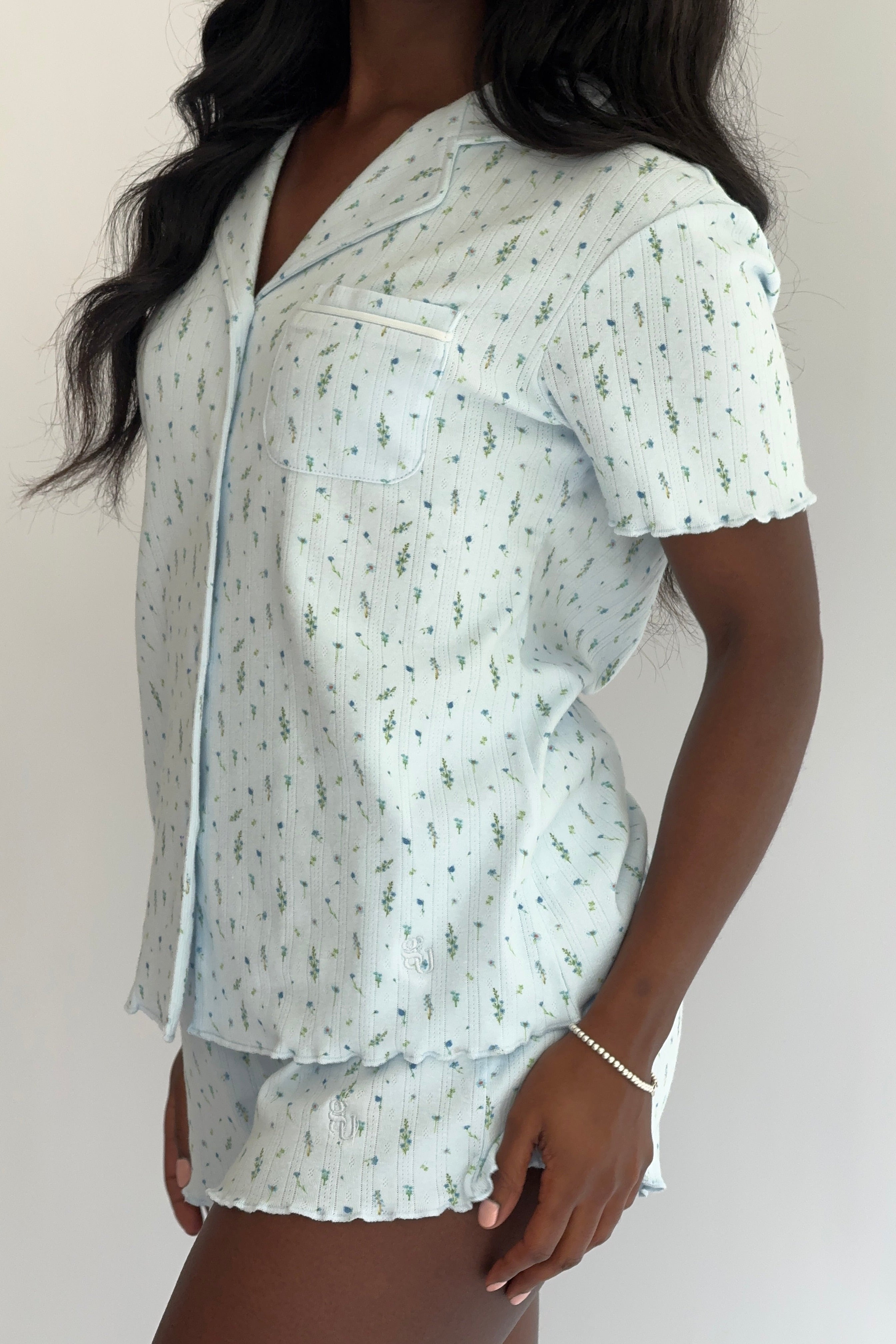 Lettuce Hem Pyjama Shorts in Blue