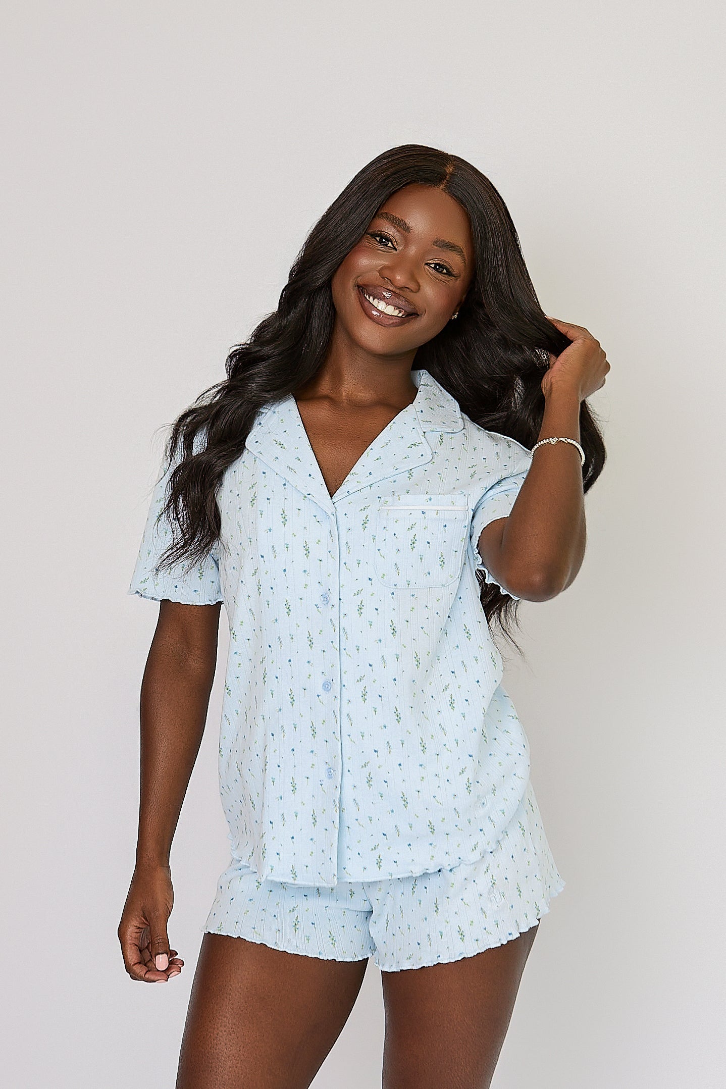 Lettuce Hem Pyjama Shorts in Blue