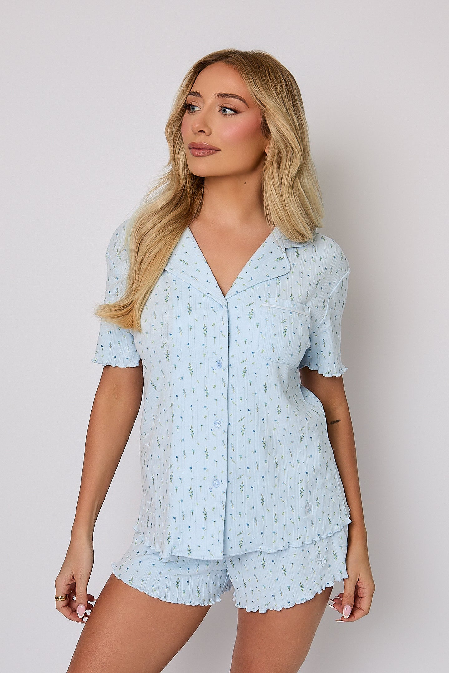Lettuce Hem Pyjama Shorts in Blue