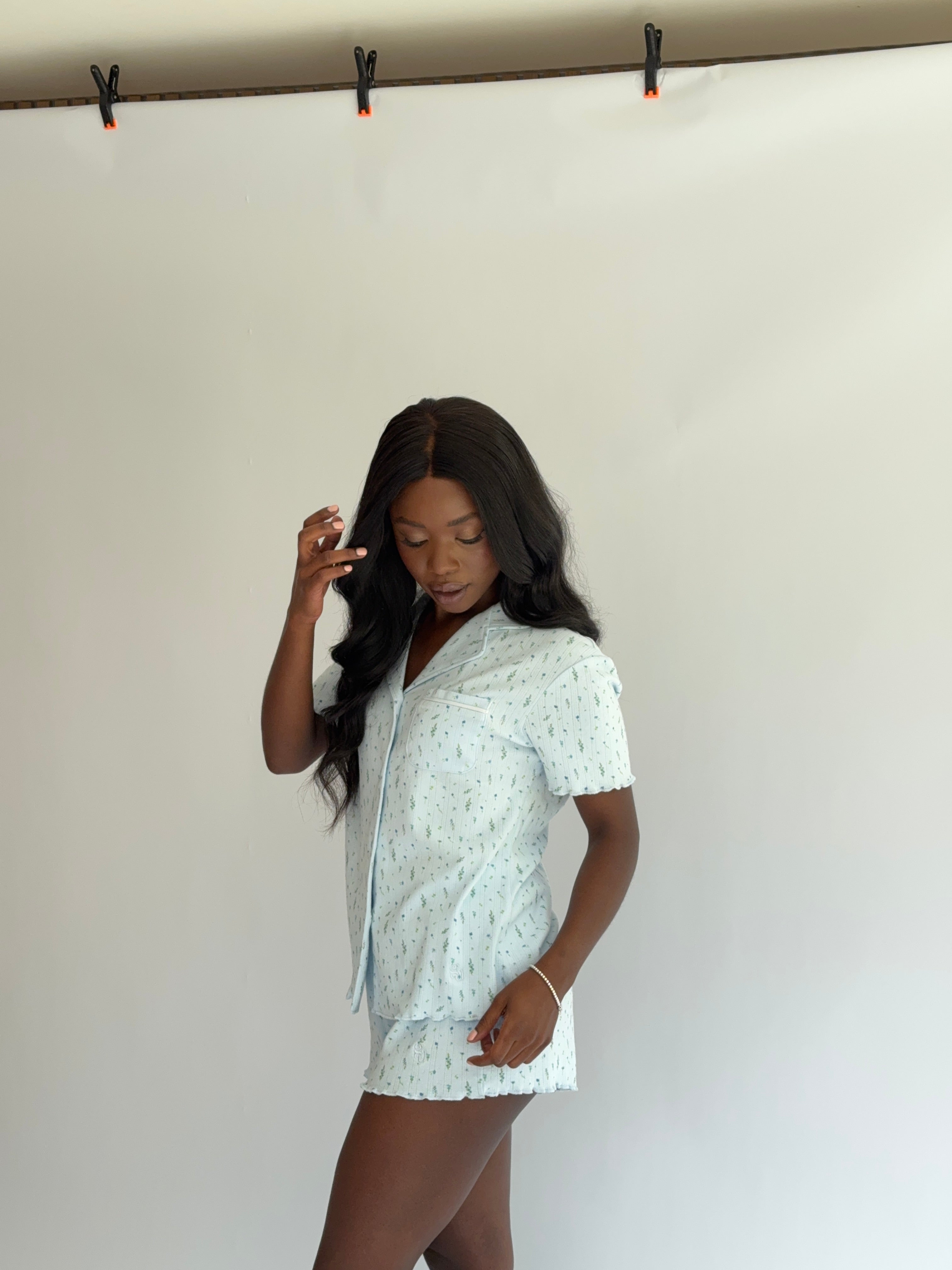 Lettuce Hem Pyjama Shorts in Blue