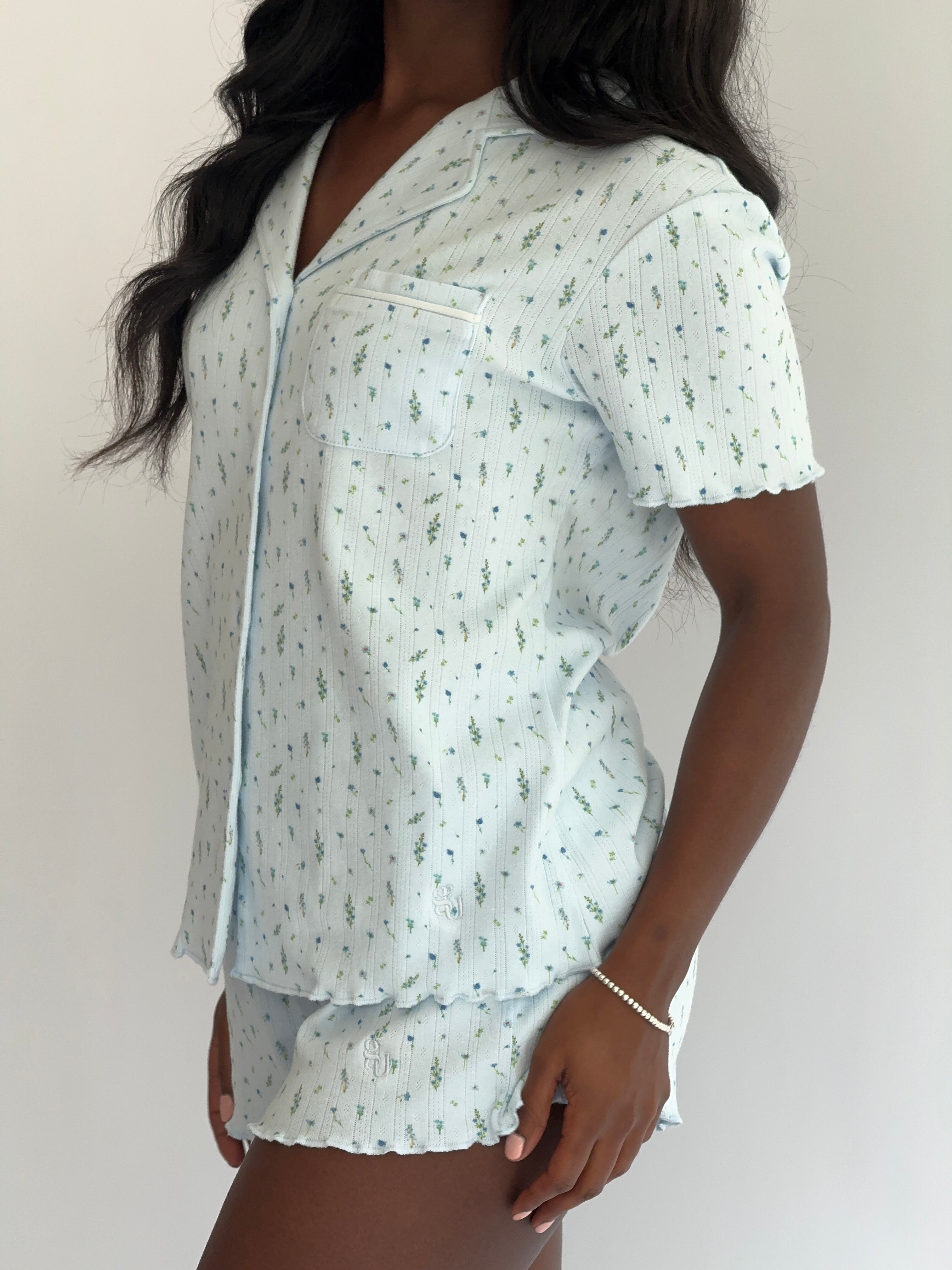Lettuce Hem Pyjama Shorts in Blue